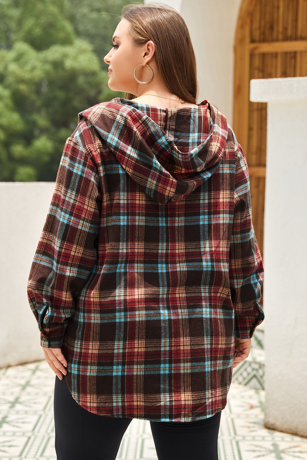 Ildrød plus size plaid kængurulomme hættetrøje med snøre - Mehva