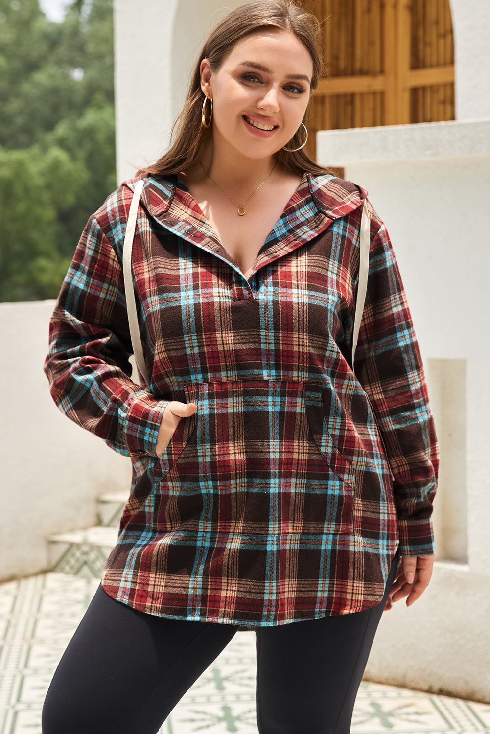 Ildrød plus size plaid kængurulomme hættetrøje med snøre - Mehva
