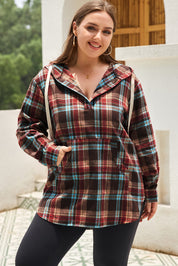 Ildrød plus size plaid kængurulomme hættetrøje med snøre - Mehva