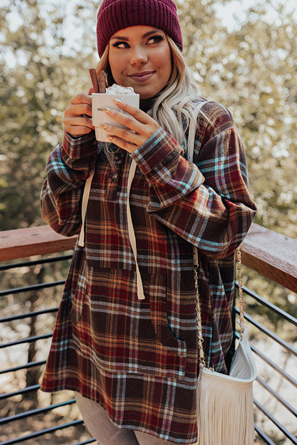 Ildrød plus size plaid kængurulomme hættetrøje med snøre - Mehva