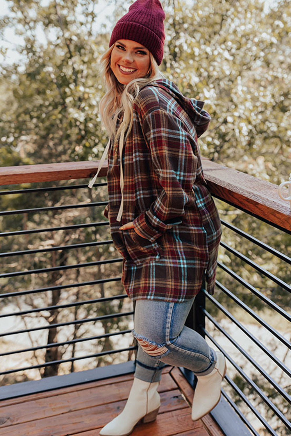 Ildrød plus size plaid kængurulomme hættetrøje med snøre - Mehva