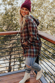 Ildrød plus size plaid kængurulomme hættetrøje med snøre - Mehva