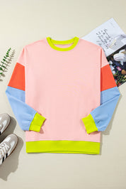 Lys pink plus size colorblock patchwork sweater med rund hals - Salma