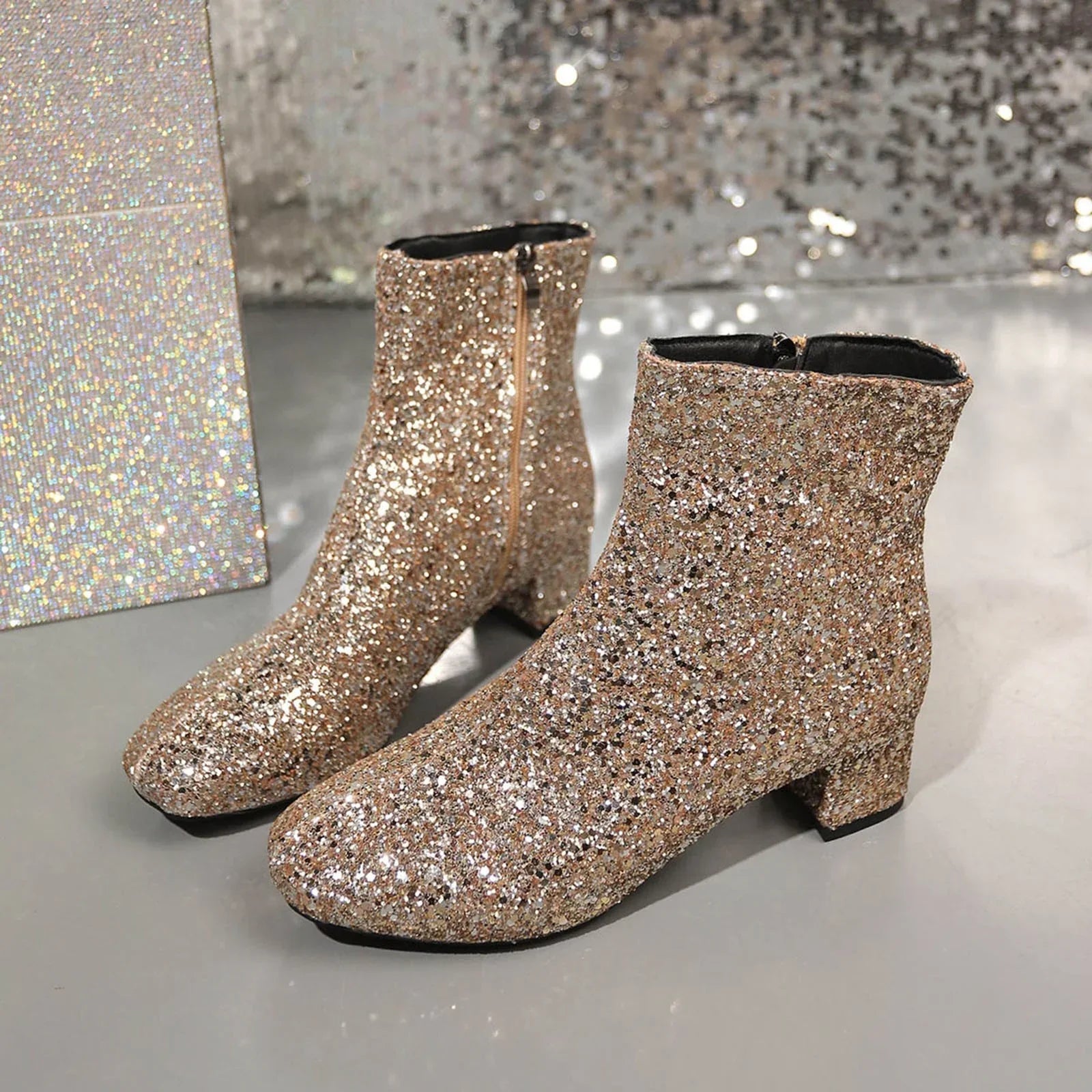 Glitter Dameankelstøvler med Blokhæl | Forår 2025 Kollektion - Glendia