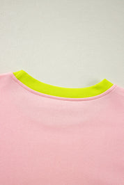 Lys pink plus size colorblock patchwork sweater med rund hals - Salma