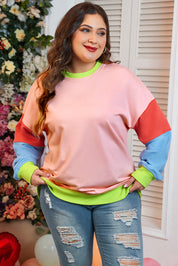 Lys pink plus size colorblock patchwork sweater med rund hals - Salma