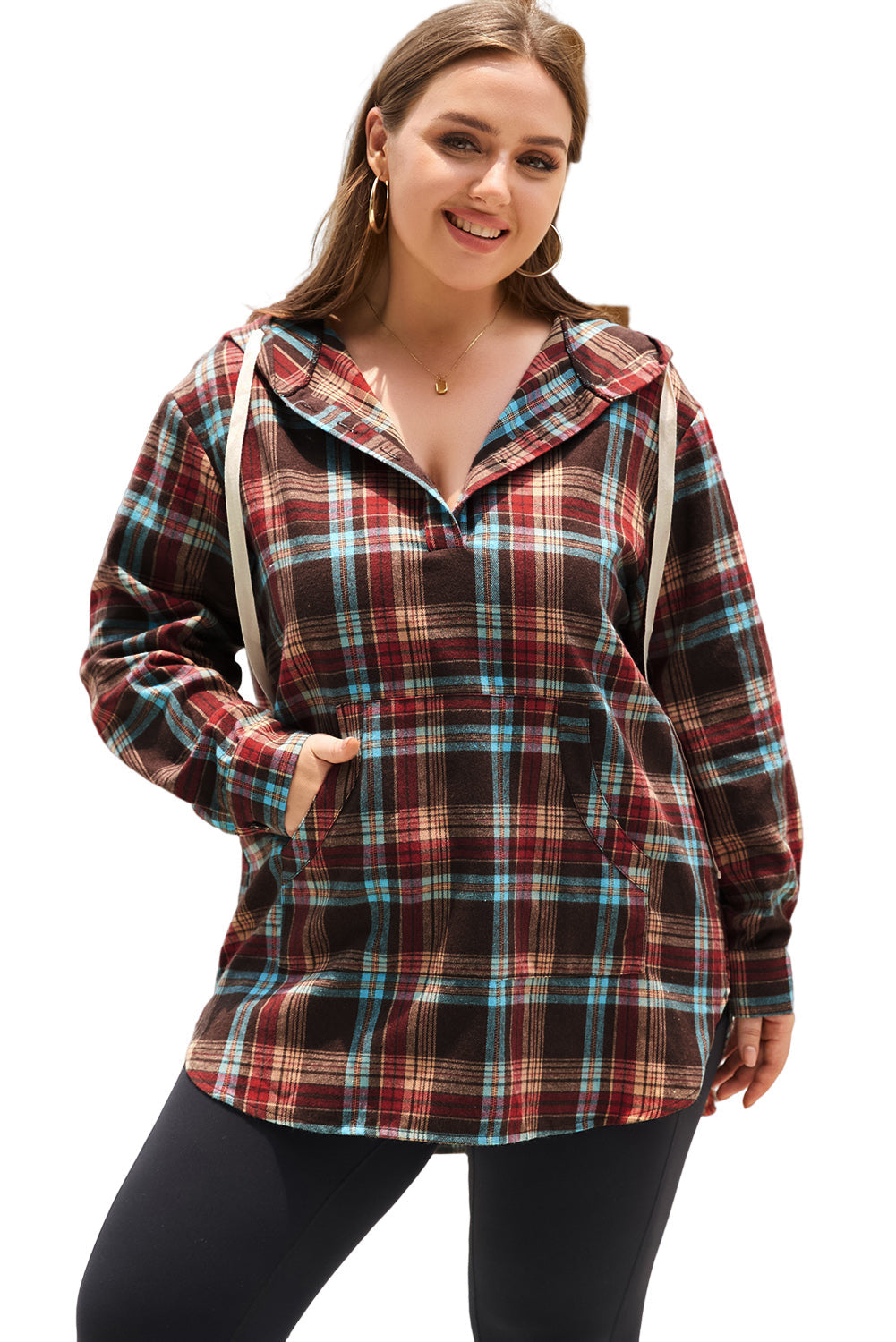Ildrød plus size plaid kængurulomme hættetrøje med snøre - Mehva