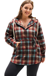 Ildrød plus size plaid kængurulomme hættetrøje med snøre - Mehva