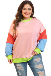 Lys pink plus size colorblock patchwork sweater med rund hals - Salma
