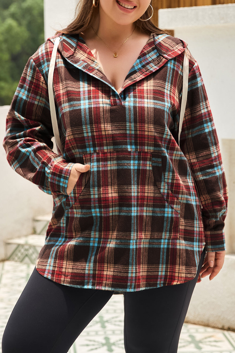 Ildrød plus size plaid kængurulomme hættetrøje med snøre - Mehva