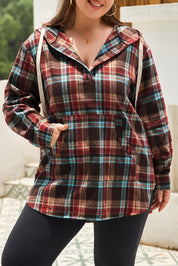 Ildrød plus size plaid kængurulomme hættetrøje med snøre - Mehva