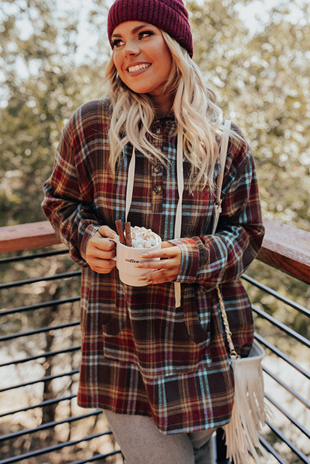 Ildrød plus size plaid kængurulomme hættetrøje med snøre - Mehva