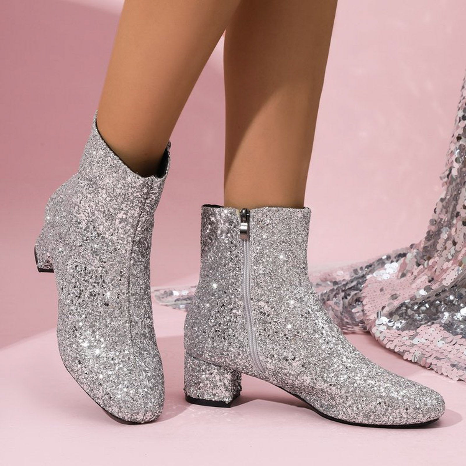 Glitter Dameankelstøvler med Blokhæl | Forår 2025 Kollektion - Glendia