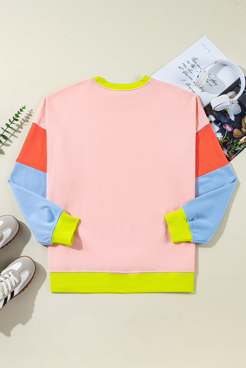 Lys pink plus size colorblock patchwork sweater med rund hals - Salma