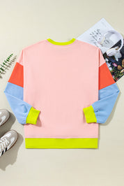 Lys pink plus size colorblock patchwork sweater med rund hals - Salma