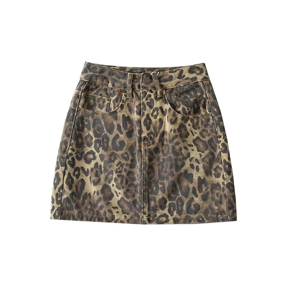 Denimnederdel med leopardprint til kvinder - Roelle